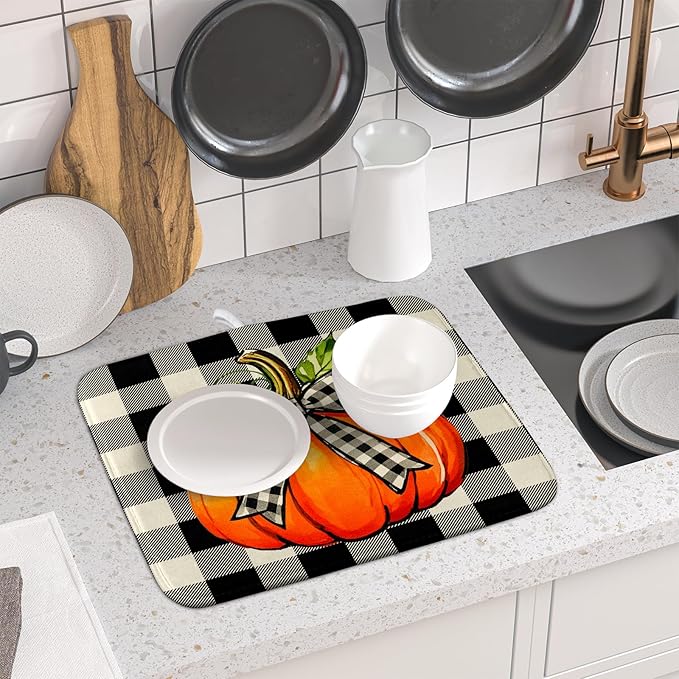 Fall Dish Drying Mat for Kitchen Counter 16x18 Autumn Pumpkin Plaid Theme - Image 6