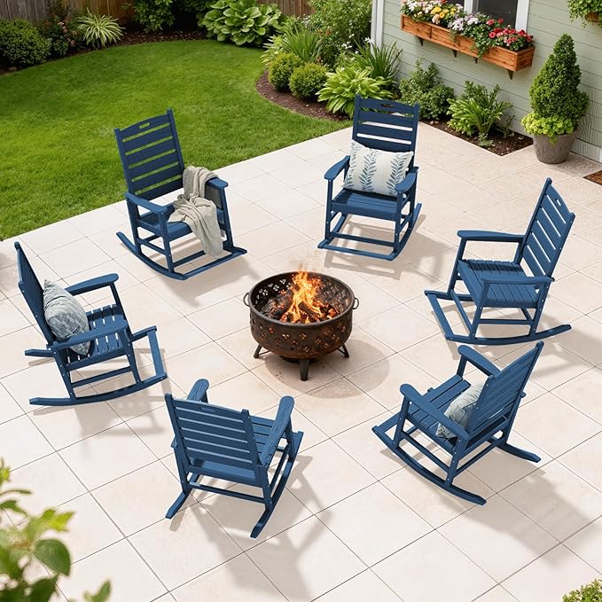 SERWALL Outdoor Rocking Chair Set of 4, Oversized HDPE Patio Rocking Chair with Footrest for Adults, All Weather Porch Rocker for Deck Patio Balcony, Navy - Image 11