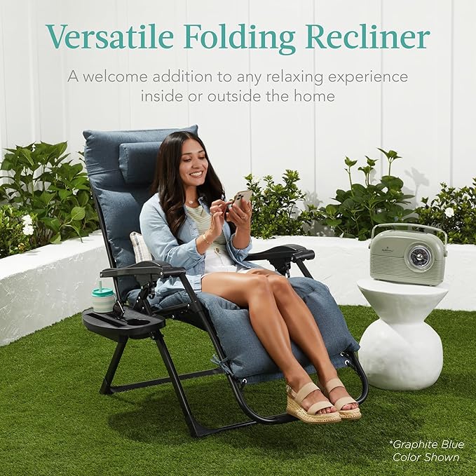 Best Choice Products Oversized Zero Gravity Chair, Folding Outdoor Patio Recliner, XL Anti Gravity Lounger w/Removable Cushion, Cup Holder, Side Tray, 350lb Capacity - Fossil Gray - Image 9