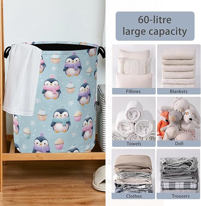 Cute Penguin Laundry Basket, Snowflake Cake Foldable Oxford Cloth Tote Bag - Image 6