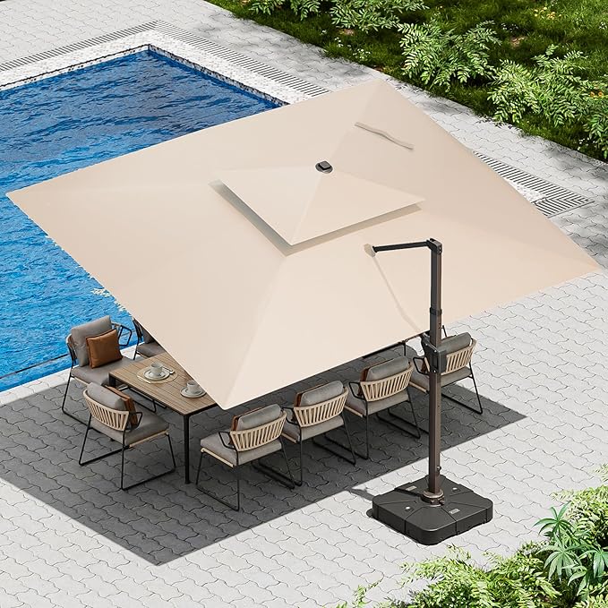 10 X 13 FT Cantilever Patio Umbrella with Led Lights and Base Included Outdoor Heavy Duty Double Top Rectangle Offset Umbrellas with 360-degree Rotation for Pool Deck Backyard, Beige by Ombrellon