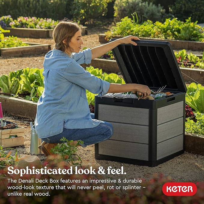 Keter Denali 30 Gallon Resin Outdoor Storage Box and Patio Furniture Side Table for Pool and Garden Accessories, Grey & Black - Image 2