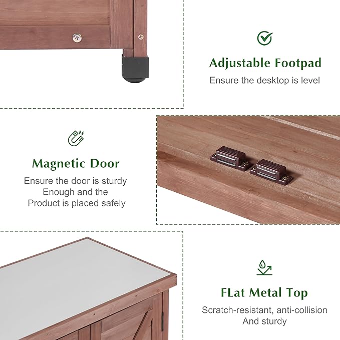 Outdoor Storage Cabinet & Potting Bench Table with Metal Top, Wooden Patio Furniture, Garden Workstation (Royal Brown, 36x31x17in) - Image 6