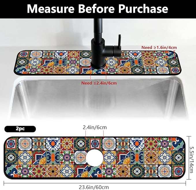 2 Pcs Kitchen Sink Splash Guard Faucet Mats Colored Bohemian Tiles Pattern - Image 2