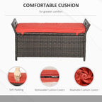 Outsunny 29 Gallon Patio Wicker Storage Bench, Outdoor PE Rattan Patio Furniture, 2-in-1 Large Capacity Rectangle Garden Storage Box with Handles and Cushion, Red - Image 5