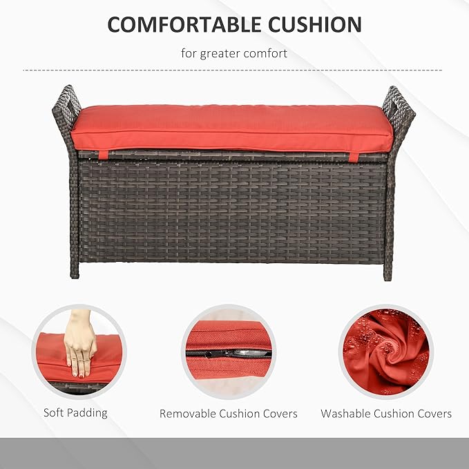 Outsunny 29 Gallon Patio Wicker Storage Bench, Outdoor PE Rattan Patio Furniture, 2-in-1 Large Capacity Rectangle Garden Storage Box with Handles and Cushion, Red - Image 5