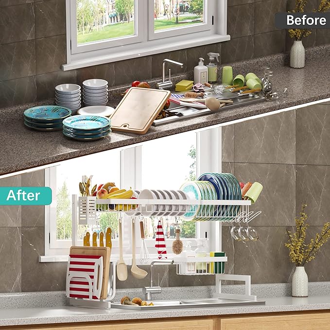 PUSDON Over Sink Dish Drying Rack Stainless Steel, Adjustable Large Dish Drainer - Image 2