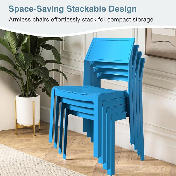VECELO 4 Pack Stackable Dining Chairs, Plastic Patio Chairs for Indoor Outdoor Use in Kitchen, Poolside, No Assembly, Matte Blue - Image 4