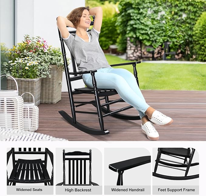 VINGLI Wooden Rocking Chair, Outdoor Chair with 450 lbs Support, Relaxing Rocker with Solid Wood High Back Seat Reclining Seat for Deck, Garden, Backyard, Porch, Indoor or Outdoor Use (Black, 2PCS) - Image 5