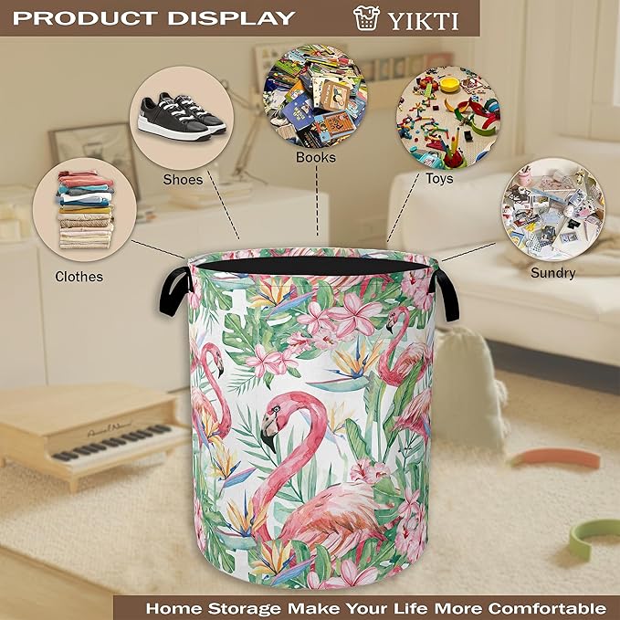 Watercolor Flamingo Laundry Hamper, Tropical Flower Leaves Clothes Hamper - Image 4