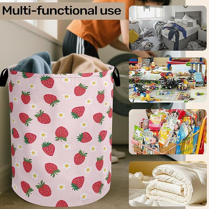 Cute Pink Strawberry Laundry Basket, Extra Large Foldable Hamper - Image 6