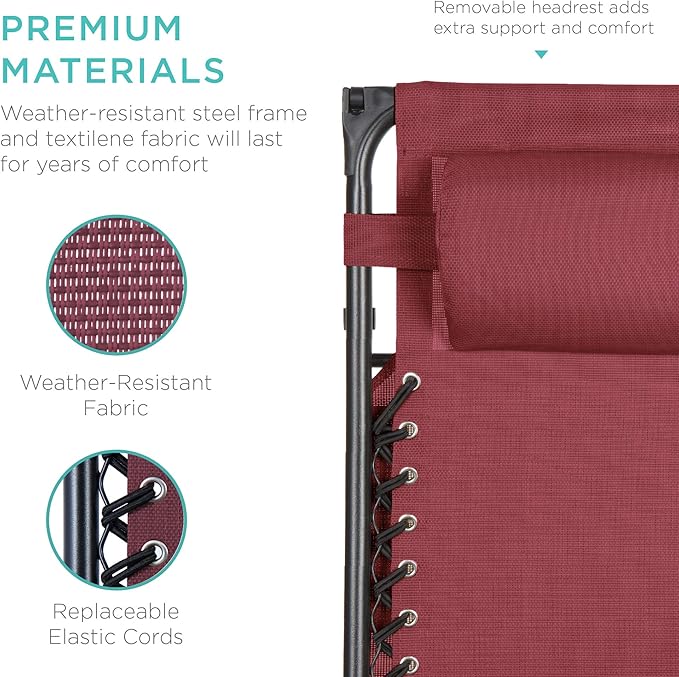 Best Choice Products Folding Zero Gravity Outdoor Recliner Patio Lounge Chair w/Adjustable Canopy Shade, Headrest, Side Accessory Tray, Textilene Mesh - Burgundy - Image 7