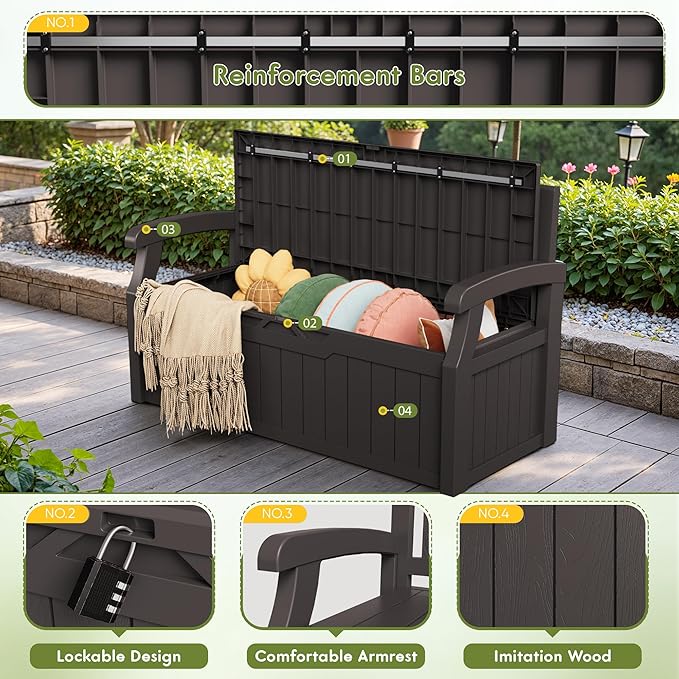 Greesum 80 Gallon Storage Bench Outdoor Deck Box with Armrest, Patio Furniture,Lockable, Waterproof and UV Resistant, Suitable for Garden, Pool, Brown - Image 4