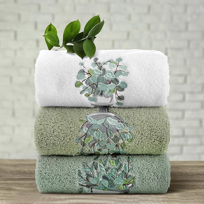 3 Pcs Eucalyptus Hand Towels Farmhouse Embroidered Botanical Bathroom Decor - Image 5