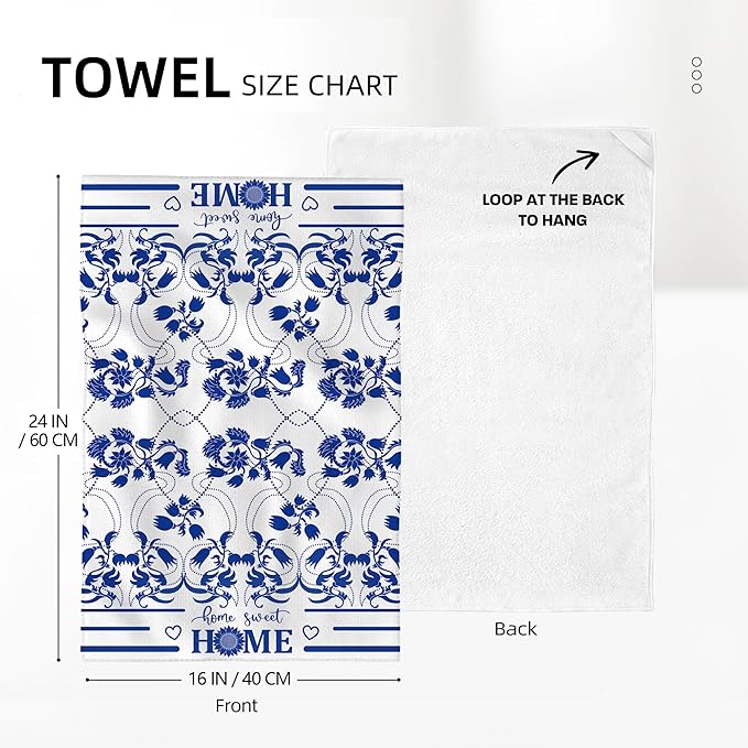 Blue Kitchen Towels Decorative Set of 2, Absorbent Boho Floral Dish Towels - Image 2