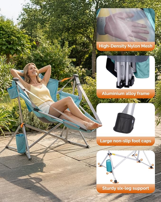 KingCamp Hammock Chair with Footrest – Heavy Duty Swinging Rocking Camping Chairs for Adults up to 400lbs, Folding Portable Oversized Rocker with Cup Holder & Pillow for Outdoor Beach Lawn RV Sports - Image 4