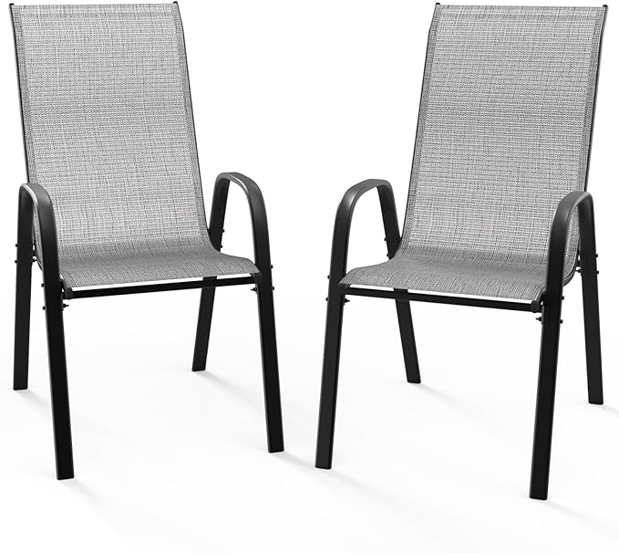 VINGLI Patio Chairs Set of 2 – Stackable Outdoor Dining Chairs with Comfortable Sling High Back Chairs and Armrests for Lawn, Poolside, Courtyard, Balcony, Garden, Silver Gray by VINGLI