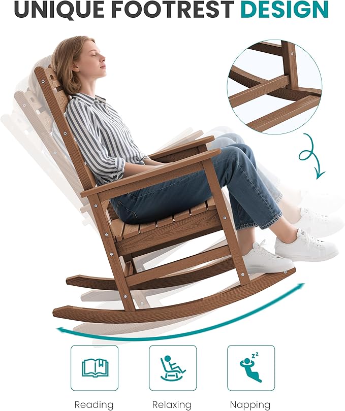 SERWALL Outdoor Rocking Chair, Oversized Rocking Chair with Footrest for Adults, HDPE All Weather Resistant Rocking Chairs for Patio, 350lbs Weight Capacity, Brown - Image 7