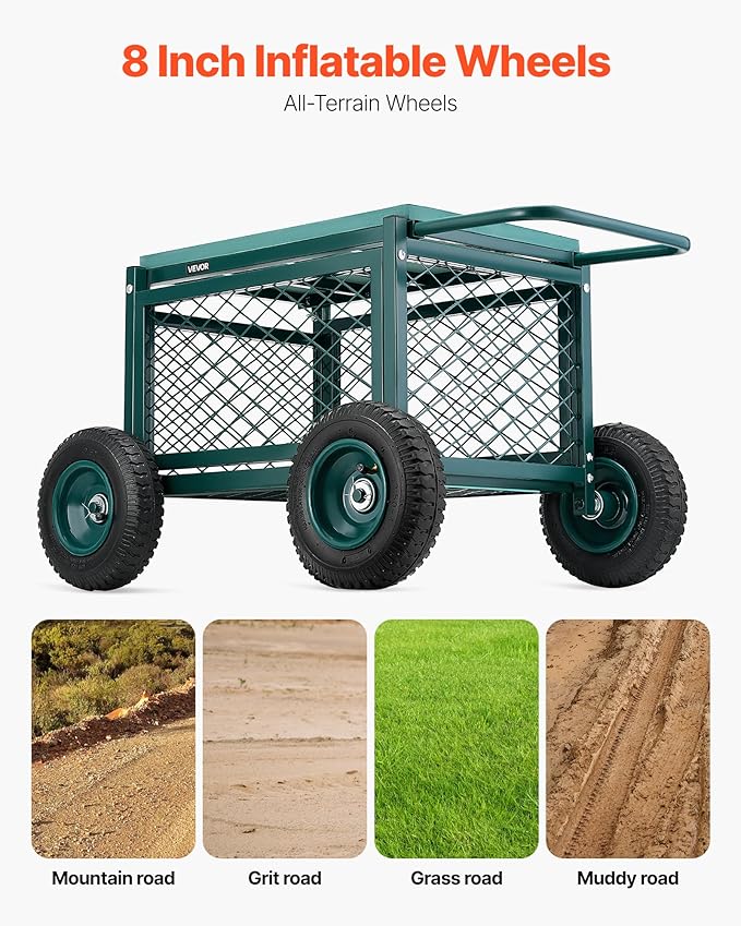VEVOR Rolling Garden Cart with Seat, Metal Rolling Garden Work Seat with Wheels, Supports up to 400 LBS, Heavy Duty Gardening Cart Scooter, Outdoor Wagon & Stool on Wheels for Lawn, Patio, Backyard - Image 2