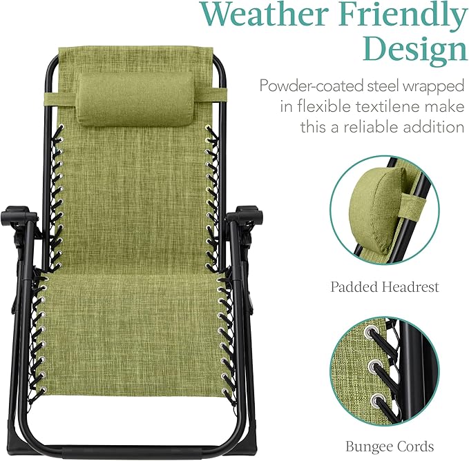 Best Choice Products Oversized Zero Gravity Chair, Folding Outdoor Patio Recliner, XL Anti Gravity Lounger w/Removable Cushion, Cup Holder, Side Tray, 350lb Capacity - Lime Green - Image 4