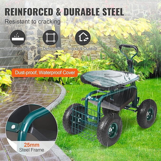 VEVOR Garden Cart Rolling Workseat with Wheels, Gardening Stool for Planting, 360 Degree Swivel Seat, Wagon Scooter with Steering Handle & Utility Tool Tray, Use for Patio, Yard, and Outdoors, Green - Image 6