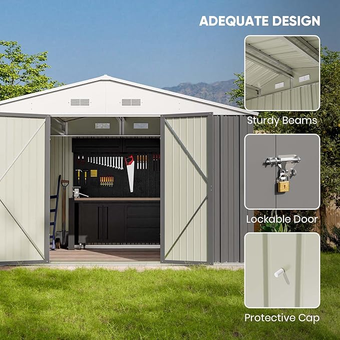 Patiowell 10 x 8 FT Outdoor Storage Shed, Large Garden Tool Metal Shed with Sloping Roof and Double Lockable Door, Outdoor Shed for Backyard Garden Patio Lawn,Grey - Image 3