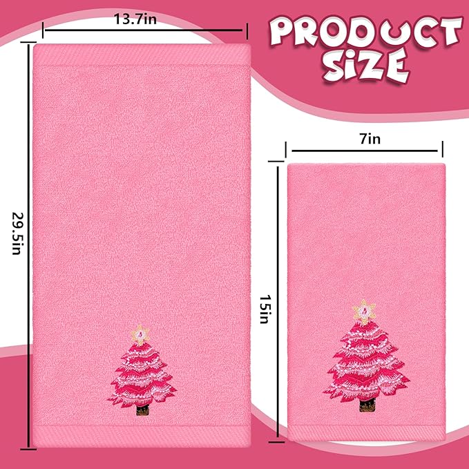 3Pcs Christmas Pink Hand Towel Set Cotton Xmas Tree Santa Snowman Bathroom - Image 2