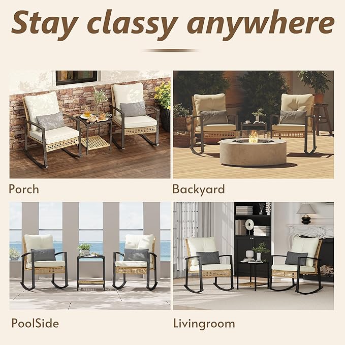 3 Piece Patio Rocking Chairs Set of 2, Outdoor Rocking Chair Bistro Set with Tempered Glass Coffee Table and Thick Lumbar Pillow Set, Front Porch Chairs for Garden, Backyard, Poolside (Beige) - Image 7
