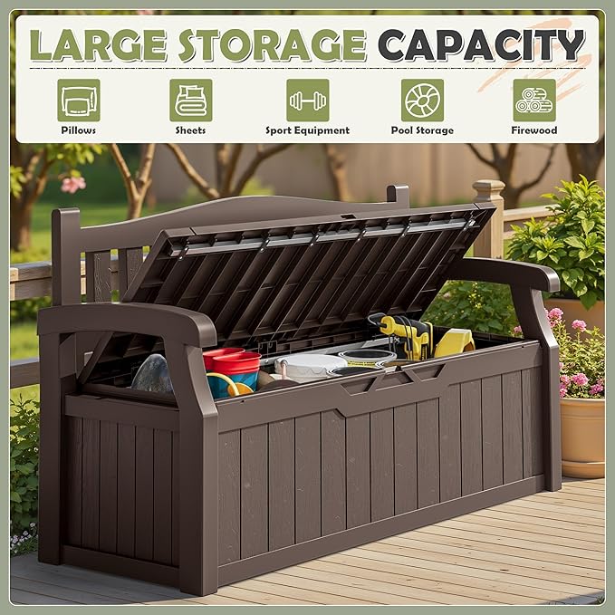 Homall 75 Gallon Outdoor Storage Benches Lockable Deck Box with Waterproof and UV Resistant, Waterproof Storage Box for Patio Furniture, Tools, Cushions (Brown) - Image 4
