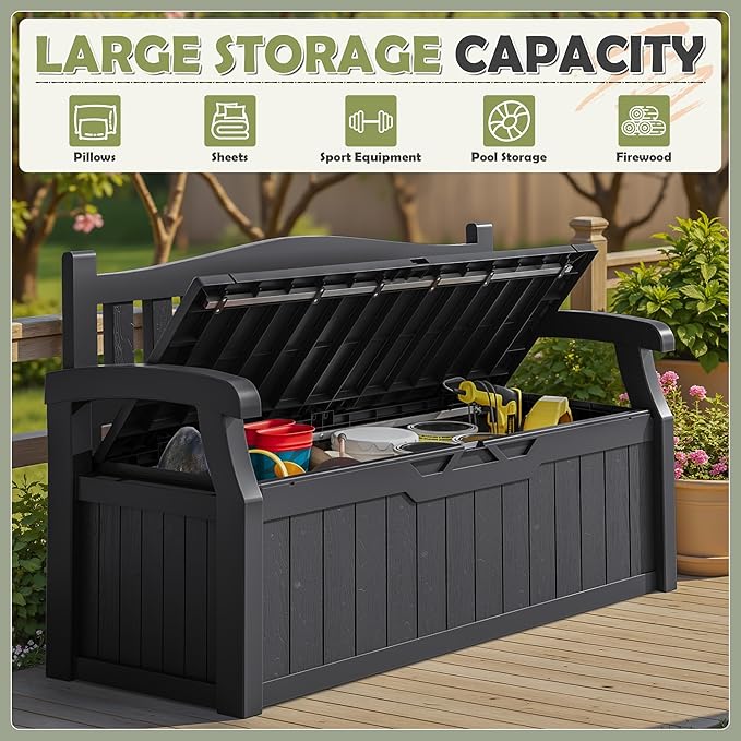 Homall 75 Gallon Outdoor Storage Benches Lockable Deck Box with Waterproof and UV Resistant, Waterproof Storage Box for Patio Furniture, Tools, Cushions (Black) - Image 4