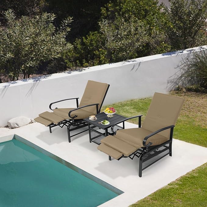 Oakcloud Adjustable Outdoor Lounge Chair Metal Patio Relaxing Recliner Chair Set with Bistro Table and Removable Cushions(Brown) - Image 6