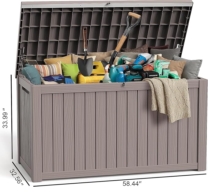 ROJIK Outdoor Storage Housing Deck Box - Waterproof Patio Furniture, Garden Tools, Cushions, Pool Accessories Storage Bench with Lockable Lid and Side Handles (Grey, 275 Gal) - Image 2