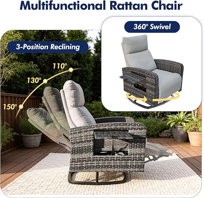 Outdoor Recliner Chair, Wicker Patio Recliners with Adjustable Backrest and Extended Foot Rest, Reclining Patio Chairs with Flip Table & Removable Cushion Cover for Porch - Image 3