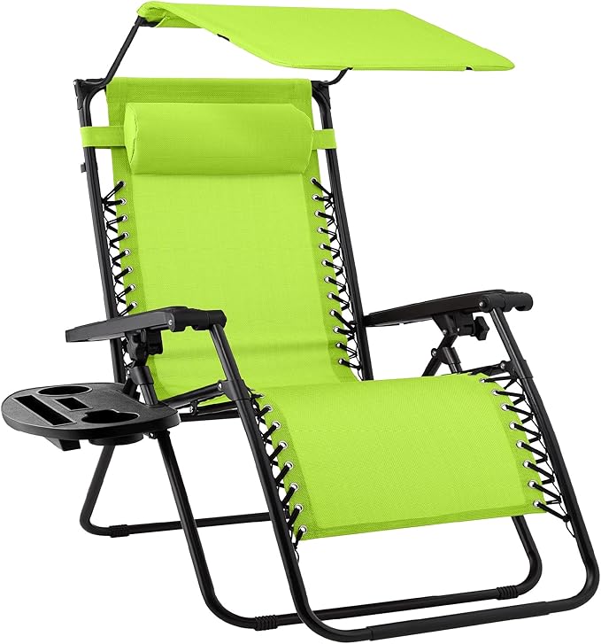 Best Choice Products Folding Zero Gravity Outdoor Recliner Patio Lounge Chair w/Adjustable Canopy Shade, Headrest, Side Accessory Tray, Textilene Mesh - Lime Green by BestChoiceProducts