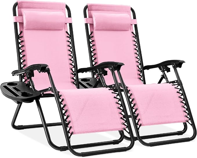 Best Choice Products Set of 2 Adjustable Steel Mesh Zero Gravity Lounge Chair Recliners w/Pillows and Cup Holder Trays - Bubblegum Pink/Black by BestChoiceProducts