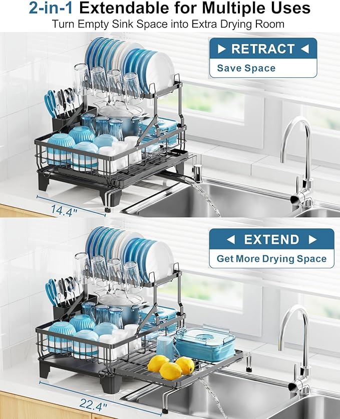 GSlife Large Dish Drying Rack 2 Tier, Expandable Kitchen Dish Drainer - Image 3