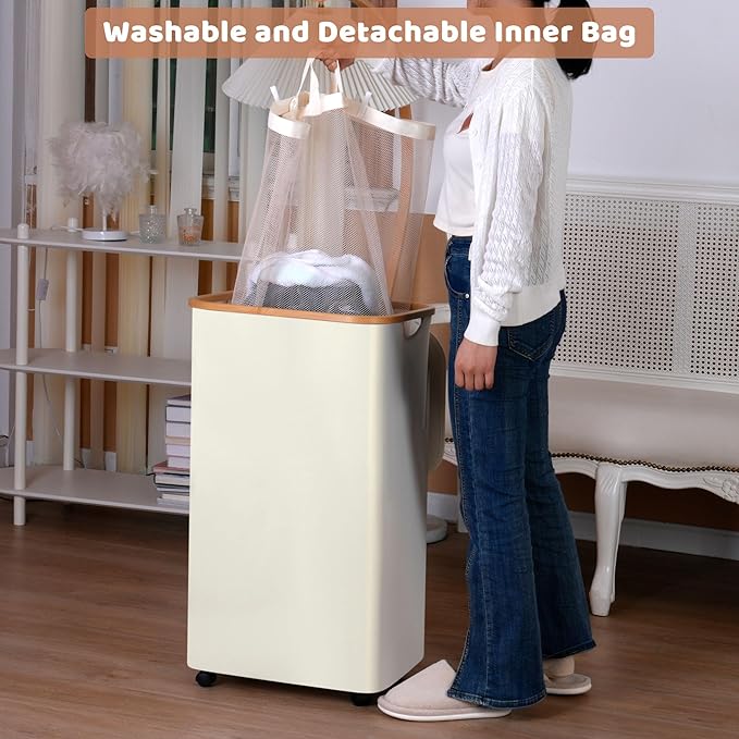 Laundry Basket with Wheels, 110L Beige Clothes Hamper - Image 2