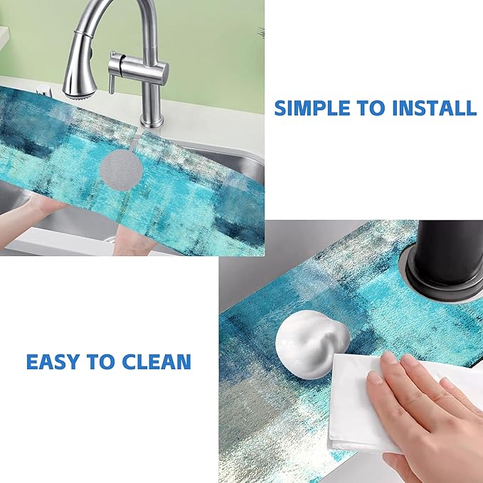 Kitchen Sink Splash Guard Faucet Mat Abstract Teal and Grey Geometric Absorbent - Image 5