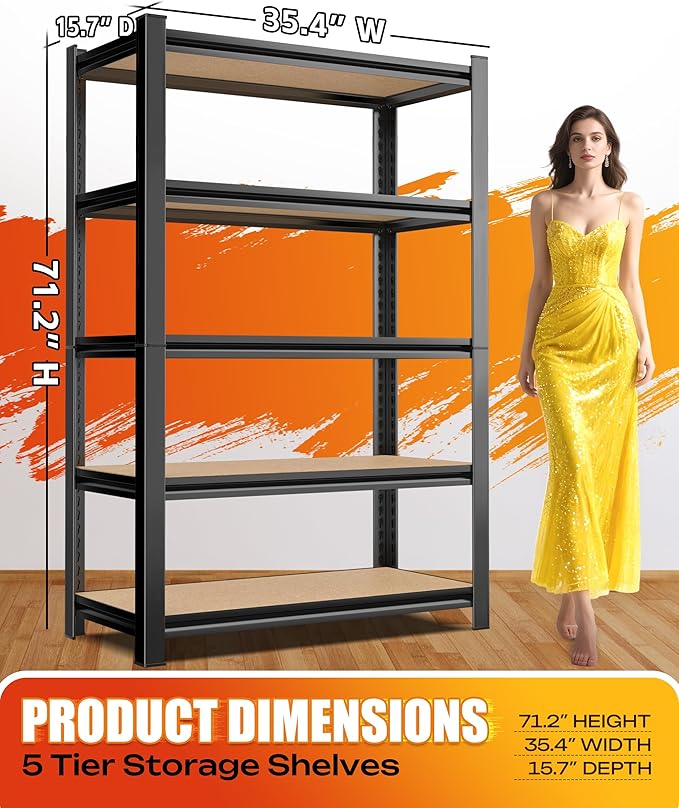 Set of 5 Garage Shelving Heavy Duty Storage Shelves, Metal Adjustable Shelving Unit, Utility Garage Organizer Shelf for Basement, Pantry, Kitchen, Warehouse,15.7" D x 35.4" W x 71.2" H - Image 3