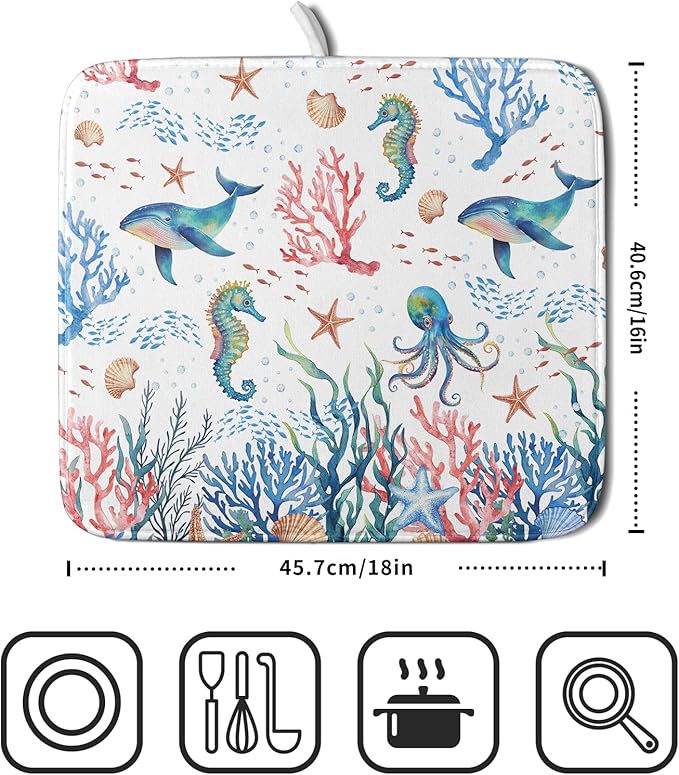 Giwawa Coastal Ocean Dish Drying Mat Seahorse Whales Drainer Rack Mats 16"x18" - Image 2