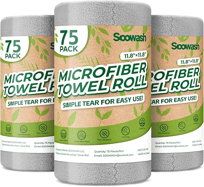 Microfiber Cleaning Cloths Roll, 225 Pack Tear Away Microfiber Towels Roll by SOOWASH