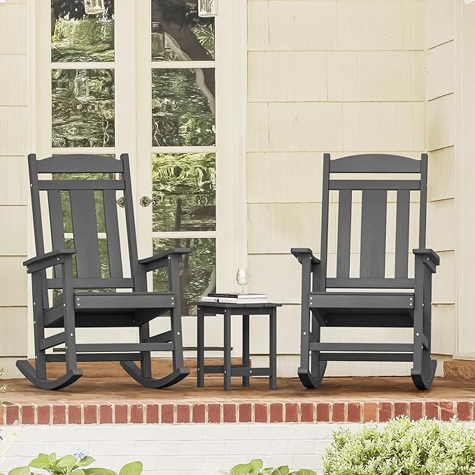 LUE BONA Outdoor Rocking Chairs Set, 3-Piece, HDPS Poly Porch Rockers with Table, Plastic Weather Resistant Rocking Chair Set for Outdoor Indoor, Garden, Backyard, 350lb, Gray Chairs+Table - Image 9