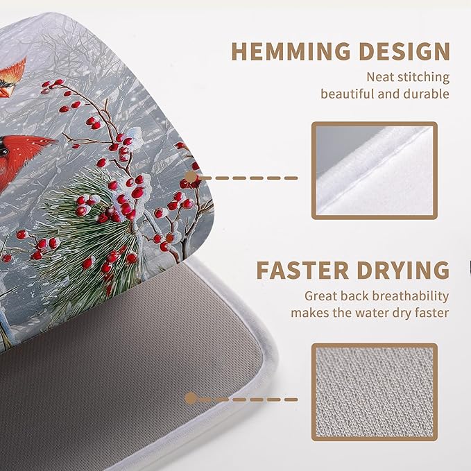 Winter Cardinal Birds Dish Drying Mats Christmas Snowflake Dish Mat Kitchen - Image 3