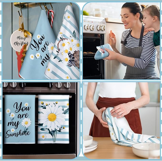 Boyiee Set of 6 Daisy Flower Kitchen Towels Daisy Stripes Tea Towels Floral - Image 5