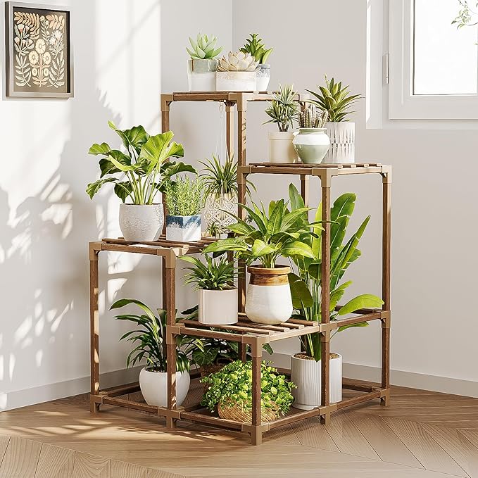 Bamworld Corner Plant Stand Indoor Outdoor Plant Shelf Small Plant Table for Multiple Plants Wooden Plant Holder for Garden Patio Lawn Window Plants Gift,Brown by Bamworld