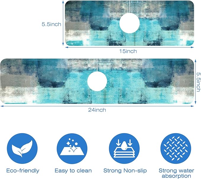 Kitchen Sink Splash Guard Faucet Mat Abstract Teal and Grey Geometric Absorbent - Image 3