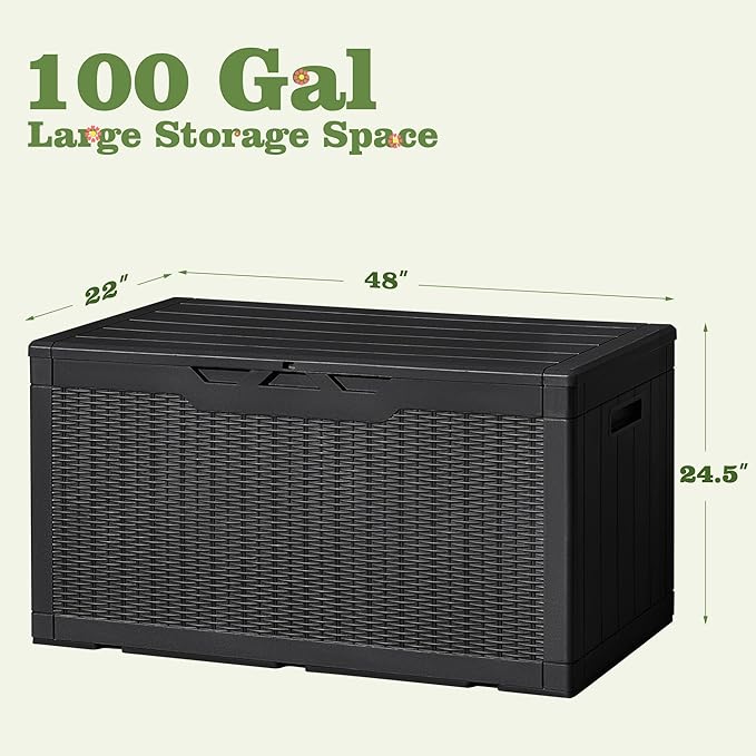 Flamaker Outdoor Storage Box 100 Gallon Waterproof Resin Deck Box Delivery Box with Air Rod Indoor Outdoor Lockable Storage Bench for Patio Cushions, Tools, Pool Accessories (Black) - Image 6