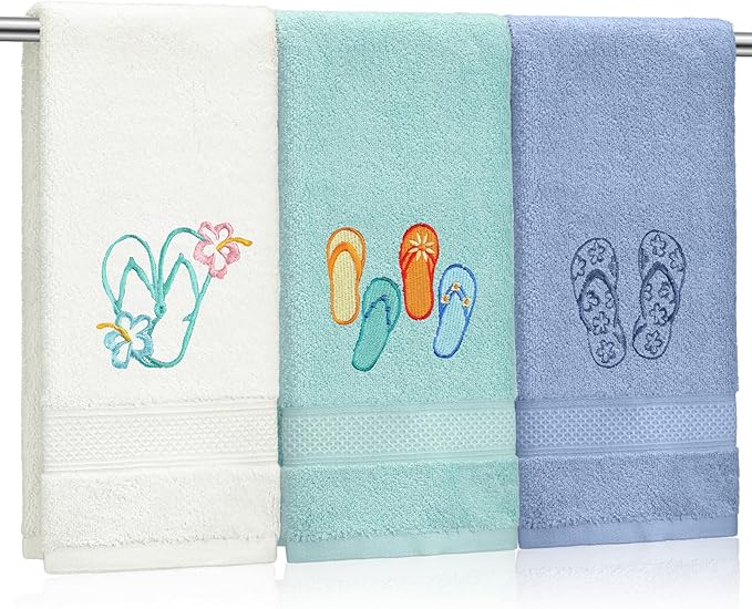 3 Pack Coastal Hand Towels for Bathroom 100% Cotton Embroidered Beach Bathroom by Hahafelt