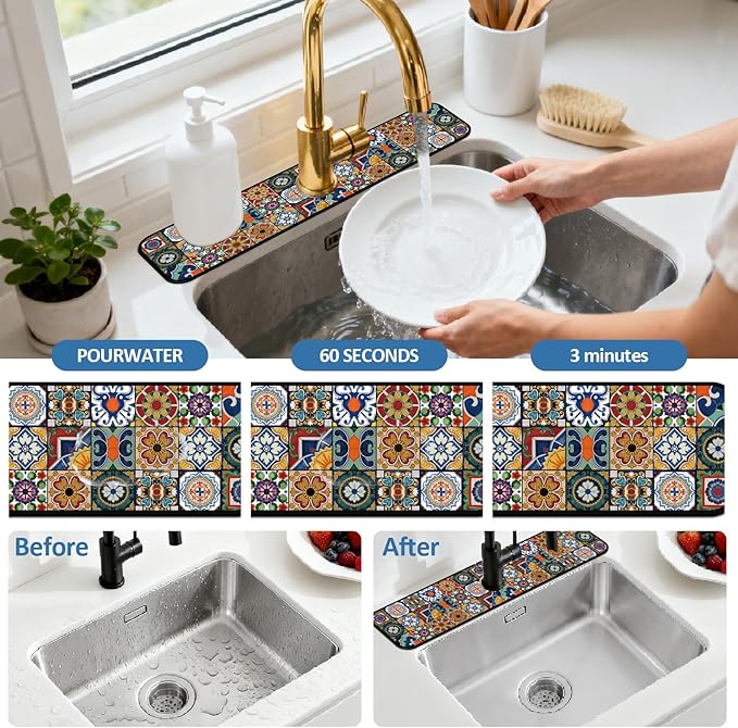 2 Pcs Kitchen Sink Splash Guard Faucet Mats Colored Bohemian Tiles Pattern - Image 5