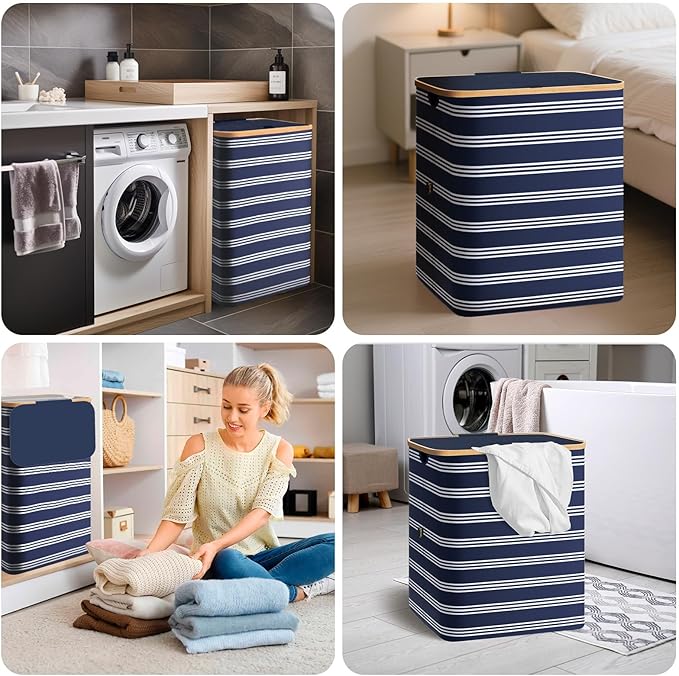 BALEINE Laundry Hamper with Lid, Tall Laundry Baskets with Bamboo Pull Handles - Image 8